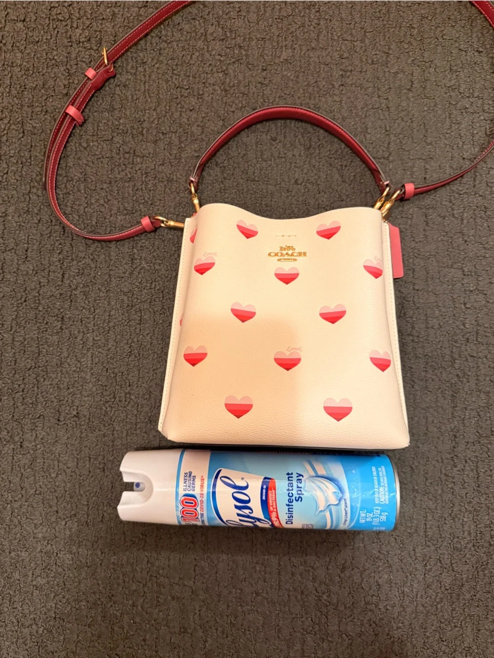 Coach Pink Heart Print Crossbody Bag with Red Trim